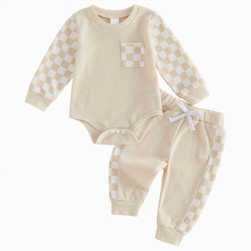 TOWED22 Newborn Baby Boy Girl Clothes Checkered Plaid Long Sleeve Waffle Knit Romper Pants Set 2 Piece Fall Winter Outfits,Beige,0-3 M