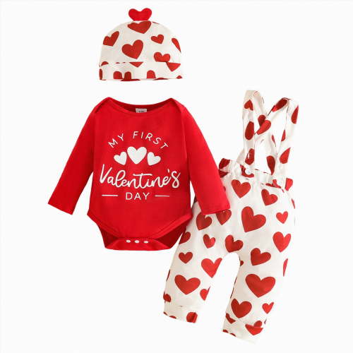 CAICJ98 3pcs Newborn Baby Girl Boy My First Valentine's Day Outfit Heart Print Bodysuit Suspender Pants Hat Infant Clothes Set (White,12-18 Months)
