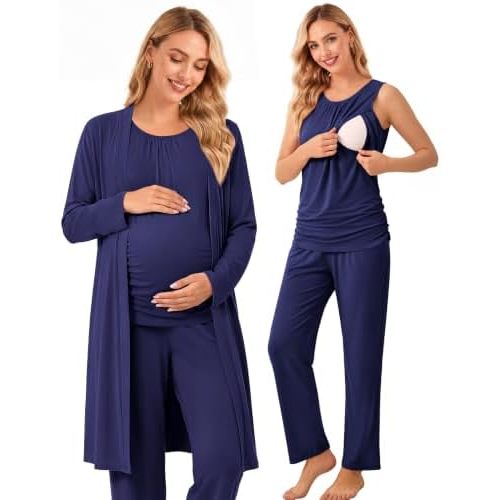 Women 3PCS Maternity Robe Sets Nursing Pajamas Postpartum Breastfeeding Pjs