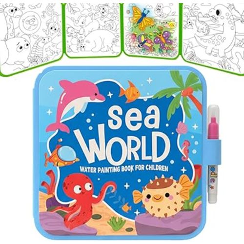 Montessori Mess Free Water Coloring Book, Reusable Water Painting Book for Toddlers, Montessori Water Coloring Book, No Mess Paint Coloring, Portable Doodle Drawing Gifts (Sea World)