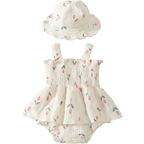 YOURDIARY Baby Girl Smocked Romper Dress Summer Outfit Clothes | Baby Girl Floral Outfit with Hat,Snap Closure,Soft Breathable Cotton,Vintage,Photoshoot,Party,Baptism,Wedding,Birthday