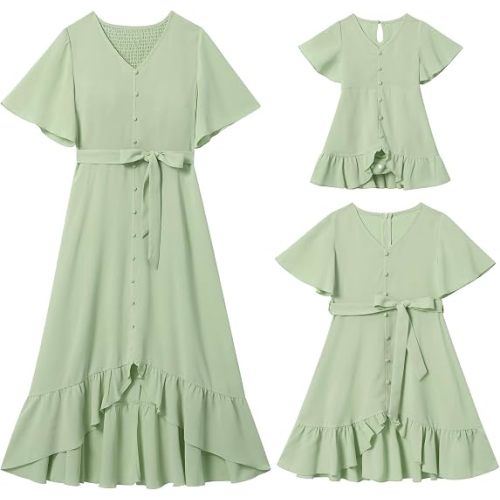 AWIBMK Boho Mommy and Me Dress Summer Holiday Casual Ruffle Sleeve V-Neck Midi A-Line High Low Dresses with Belt