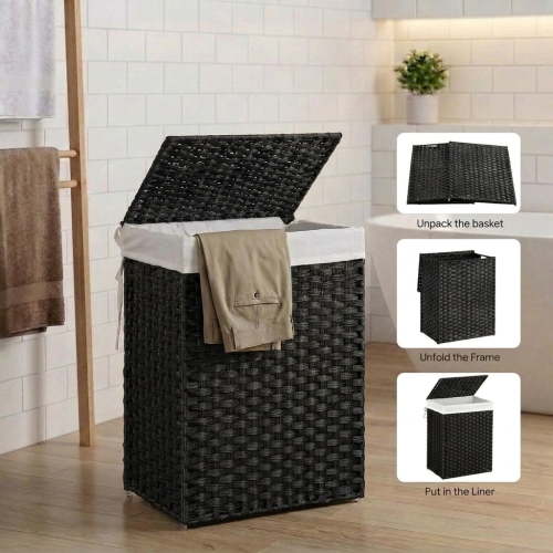 LEDREM Foldable Laundry Hamper with Removable Liner & Lid – 23.8 Gallon (90L) Synthetic Rattan Basket, Handles, Space-Saving for Bedroom，Bathroom, Black