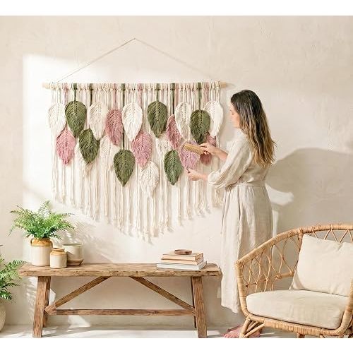 WOODSTICK Large Macrame Wall Hanging 39"W x 29.5"L - Boho Wall Decor in Beige, Old Pink & Green - Chic Woven Leaf Leaves Boho Tapestry, Handmade Cotton Fiber Art, Macrame Wall Décor, Bedroom Tapestry Macrame Wall Art