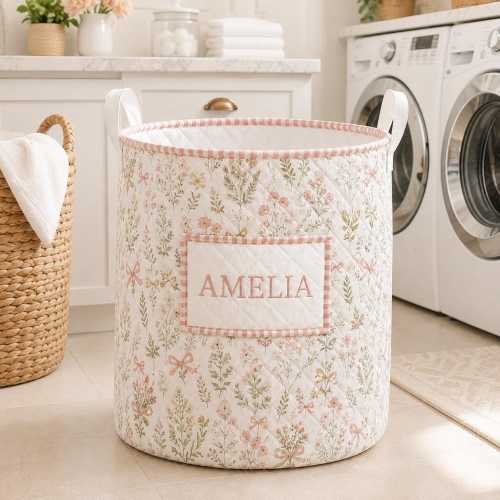 Personalized Quilt Laundry Basket, Custom Name Nursery Hamper, Lavender Floral Laundry Basket, Baby Room Storage Bin, Baby Shower Gift