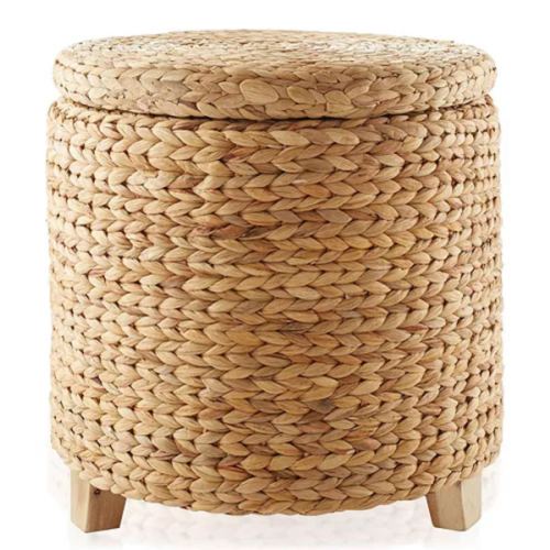 17" Round Storage Ottoman with Lid - Natural, Handwoven Footstool for Living Room, Bedroom, Bathroom, Home Office
