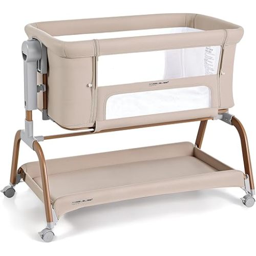 ANGELBLISS 3 in 1 Baby Bassinet, Rocking Bassinets Bedside Sleeper with Comfy Mattress and Wheels, 6 Height Adjustable Easy Folding Portable Bedside Crib for Newborn Infant (Khaki)