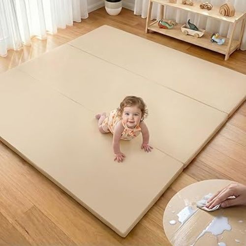 Mallify Foldable Baby Play Mat, 50''x50'' Waterproof Thicken Foam Vegan Leather Playpen Mat for Infants and Toddlers, Portable Baby Mat for Floor, Beige