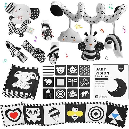 High Contrast Baby Toys for Newborn, Black and White Baby Toys, Newborn Toys 3 Months Brain Development with Car Seat Toys Hanging Rattle Toys (Classic Edition)