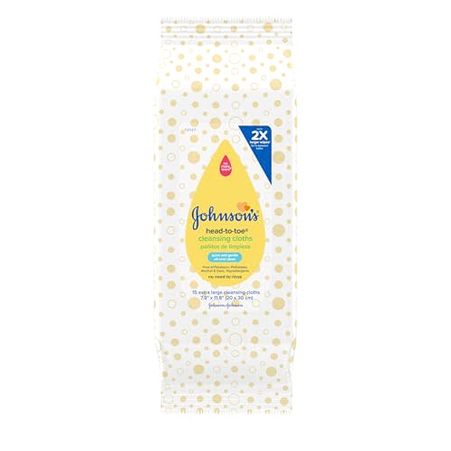 Johnson's Baby Head-to-Toe Gentle Cleansing Cloths, No Rinse, Disposable Pre-Moistened Baby Bath Wipes, Hypoallergenic Newborn Essentials, Head-to-toe Wipes, Paraben-Free 15 ct