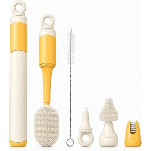 Baby Bottle Brush Set, 5-Piece Travel Kit with Compact Storage, Orange
