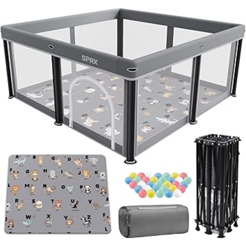 Foldable Baby Playpen with Mat,50"×50" Collapsible Playard for Babies and Toddlers,Indoor&Outdoor Kids Safety Play Pen,Portable Travel Playpen with Travel Pack and 50 Ocean Balls