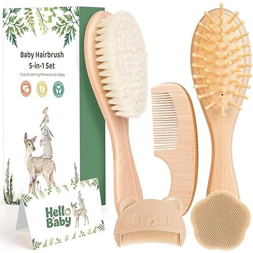 5 Piece Baby Hair Brush Set, Wooden Baby Brush and Comb Set with Natural Soft Goat Hair Bristles, Cradle Cap Brush, Baby Essentials Grooming Kit for Boy Girl