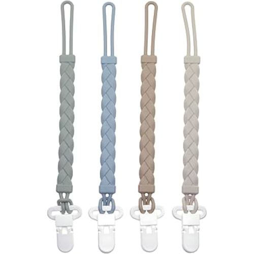 Silicone Pacifier Clips Baby Boys Girls, 4-Pack Flexible Woven Rope Braided Pacifier Clip Holder for Teething Relief and Baby Essentials, Newborn Paci Binky Clips (Boy's Color)