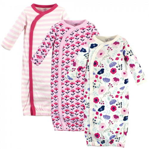 Touched by Nature Baby Girl Organic Cotton Side-Closure Snap Long-Sleeve Gowns 3pk, Pink Botanical, 0-6 Months