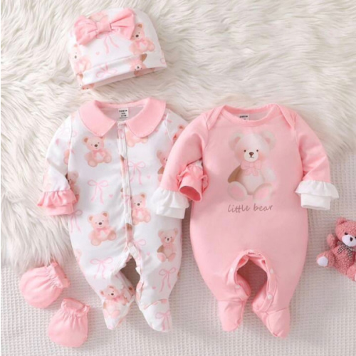 SHEIN 4pcs Newborn Bear & Bow Printed Long Sleeve Romper, Hat And Mittens Set, Infant Sleepwear | SHEIN USA