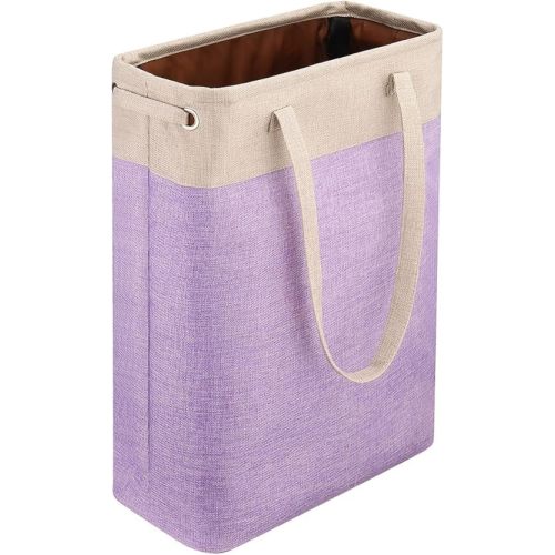 i BKGOO Laundry Basket with Handles Beige&Purple Slim Laundry Bin Collapsible Dirty Clothes Basket Narrow Laundry Bag Foldable Dirty Hamper for Camping, Dorms, Apartments