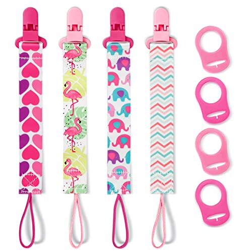 4 Pack Pacifier Clips for Boys Girls, Dummy Clips Baby with Adapters, Silicone Binky Clips for Baby Teething Toys Baby Shower (Pink)