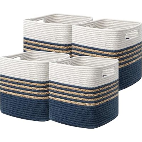 UBBCARE Set of 4 Storage Cubes 11 X 10.5 X 10.5 in, Water Hyacinth Storage Bins for Shelves, Toys, Books, Organizing Baskets with Handles, Cotton Rope Woven Baskets, Blue