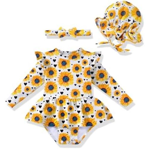 Renotemy Infant Baby Girls Swimsuit Toddler Bathing Suit Long Sleeve Zipper One-Piece Rash Guard Ruffle Swimwear with Hat