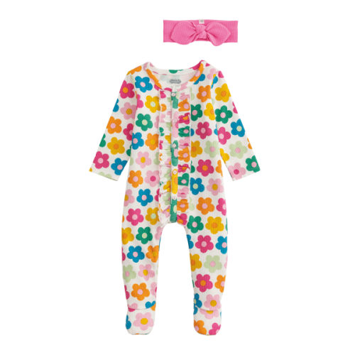 Flower Print Baby Sleeper - 0-3M | Cotton Rib Set | Mud Pie