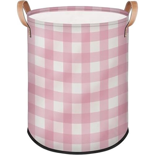 Pink Gingham Laundry Basket Foldable Storage Baskets Round Laundry Hamper With Handle for Gift Baskets/Laundry Storage/Bedroom and Utility Room Storage Bins Check Pink