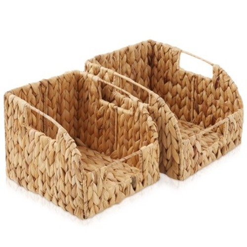 Casafield  Water Hyacinth Pantry Baskets with Handles - Natural, Medium and Large Size Woven Storage Baskets for Kitchen Shelves