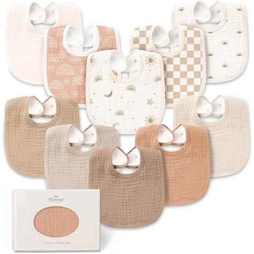 Konssy 8-Pack Muslin Baby Bibs, Adjustable Fit for Drooling and Teething