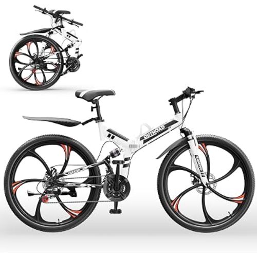 Outroad 26 Inch Folding Mountain Bike, 21 Speed Full Suspension High-Carbon Steel MTB Foldable Bicycle, Dual Disc Brake Non-Slip Adjustable Seat Folding Bikes for Adults/Men/Women, Black, Orange