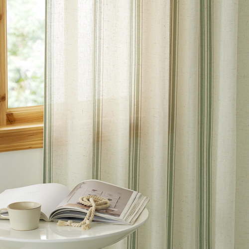 NICETOWN Green Linen Curtains for Bedroom, Striped Semi Sheer Curtains Light Filtering Privacy Farmhouse Back Tab Drapes for Living Room, Grass Green, 52"x84", Set of 2