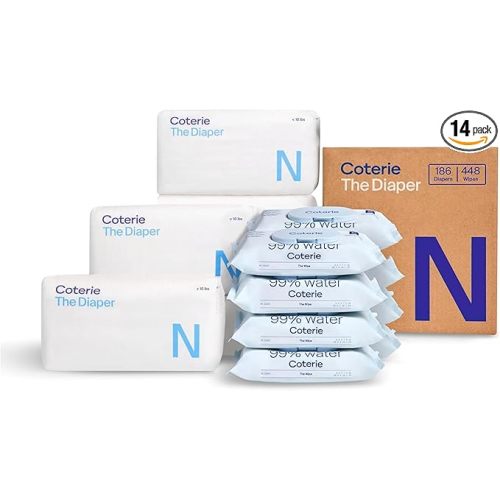 Coterie Baby Wipes + Diapers Kit, Size Newborn Diapers (186 Count) & 8 Pack (448 Count) Baby Wipes with 99% Water, Plant Based Materials, Hypoallergenic for Sensitive Skin, Baby Essentials