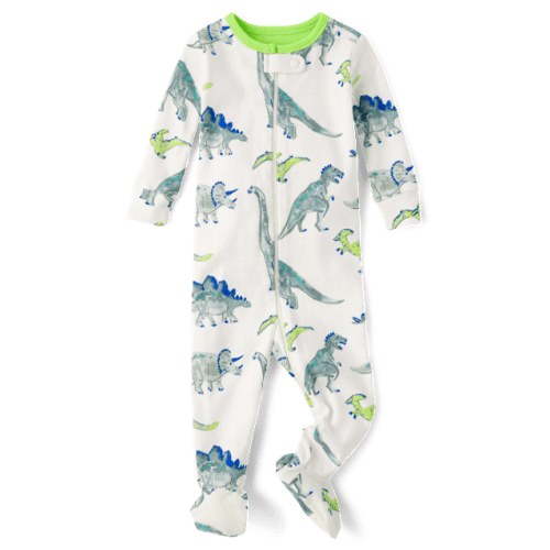 Baby And Toddler Boys Dino Snug Fit Cotton Footed One Piece Pajamas - White