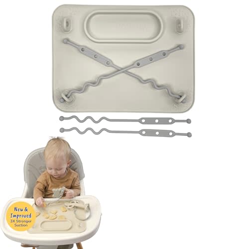 BUSY BABY Silicone Mat - NEW and Improved Suction Cups, 4 Straps to Secure Baby Essentials, Self Feeding, Baby Led Weaning, Travel Sleeve Included (Tan)