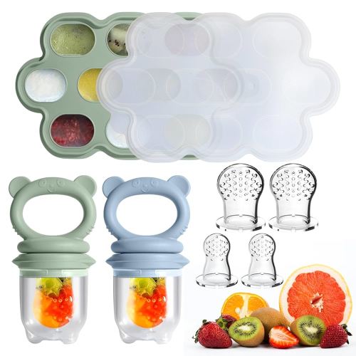 Baby Food Feeder Set, 2 Packs Fruit Feeder & Breastmilk Popsicle Molds Freezer Tray with Lid, Silicone Fruit Feeder to Teething Relief, Introduce New Foods, Baby Feeding Essentials(Green+Blue)