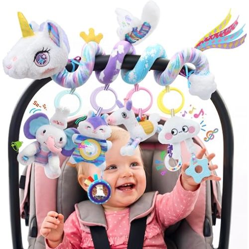 Zendstanding Car Seat Toys for Babies 0-6 Months, Unicorn Carseat Toys Hanging Baby Car Seat Toys, Stroller Toys with Music Rattle, Sensory Hanging Toys for Newborn Infant Crib