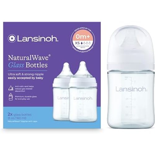 Lansinoh Glass Baby Bottles, Anti-Colic, White, 5oz, 2 Count, with Extra Slow Flow Nipples (Size XS, 0-1 Month), Baby Feeding Essentials