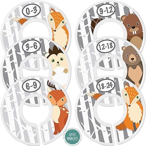 Baby Closet Size Dividers - Woodland Nursery Closet Dividers for Baby Clothes - Fox Deer Bear Hedgehog Beaver Nursery Decor - Baby Closet Dividers for Boy or Girl - [Woodland] [Grey/Gray]