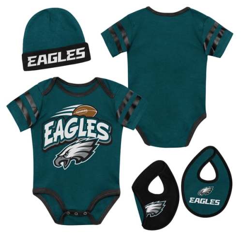 Newborn Outerstuff Midnight Green Philadelphia Eagles Pint Prodigy Bodysuit, Bib & Cuffed Knit Hat Set