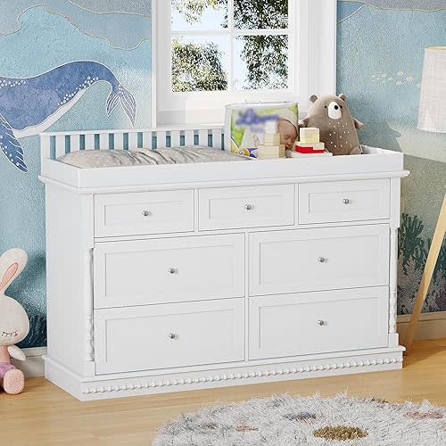 56.5" Baby Dresser with Removable Changing Table Top, Large White Dresser for Nursery with 7 Storage Drawers, Baby Changing Table, Modern Diaper Nursery Dressers Station for Kids Bedroom