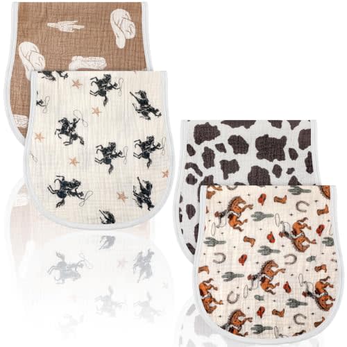 Hahafelt 4 Pcs Western Cow Baby Burp Cloths 100% Cotton Newborn Towel | 22x10 Inch, 2-in-1 Large Size, Baby Spit up Burping Rags Set, for Boys and Girls Infant Newborn, Thoughtful Present for Moms