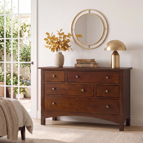 Latitude Run® Solid Wood 5 Drawer Dresser for Bedroom, Mid Century Modern Chest of Drawers, 45.5 Inch Wide Wooden Dresser with Bronze Handles & Anti-Tip Safety, Dark Cherry | Wayfair