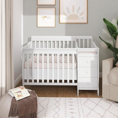 Dream On Me Jayden 4‑in‑1 Mini Convertible Baby Crib & Changer with Storage in White, Pinewood, GreenGuard Gold & BSA, 1” Mattress Pad, 3 Mattress Heights, Converts to Mini Day & Twin-Size Bed