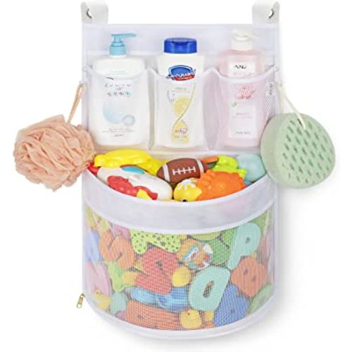 Baby Bath Toy Organizer, quick drying， and mould proof, Multiple-Suspension Bath Toy Holder, Large Capacity Multi Use Bathtub Toy Storage Bag（1 Large , White）