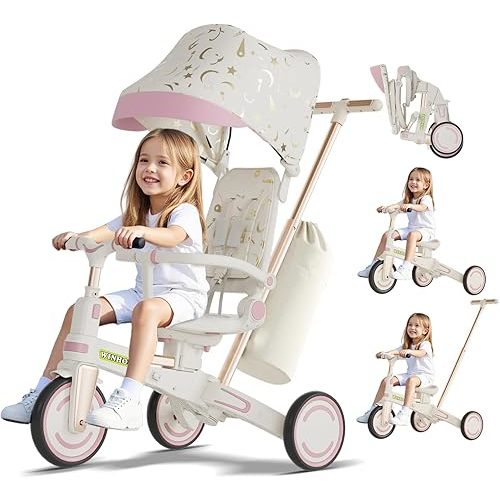 WinHope 9-in-1 Push Tricycle for Toddlers 1-3 Years, Convertible Kids Trike with Push Handle & Safety Belt, One-Client Foldable Design + Storage Basket, Birthday Gift and Toy for Boys and Girls(Pink)