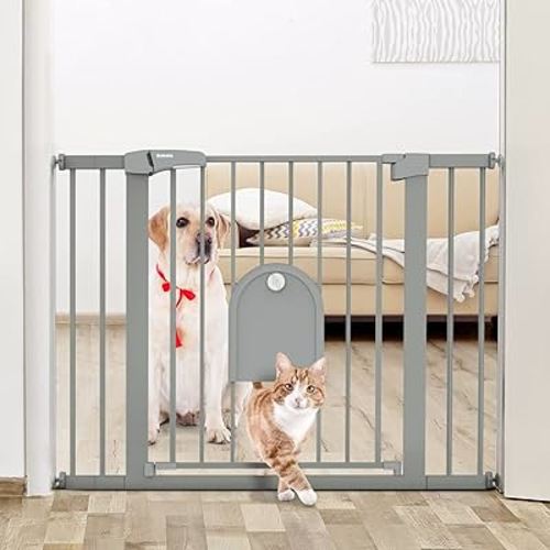Babelio Auto Close Baby Gate with Small Cat Door, 29-43" Metal Cat Gate for Doorway, Stairs, House, Easy Walk Thru Dog Gate with pet Door, Includes 4 Wall Cups and 3 Extension Pieces, Gray