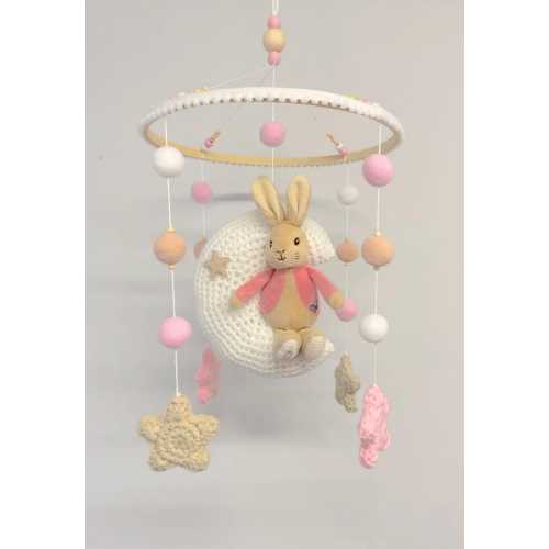 Baby Girls Pink Flopsy Bunny Rabbit Moon & Stars Nursery Cot Mobile
