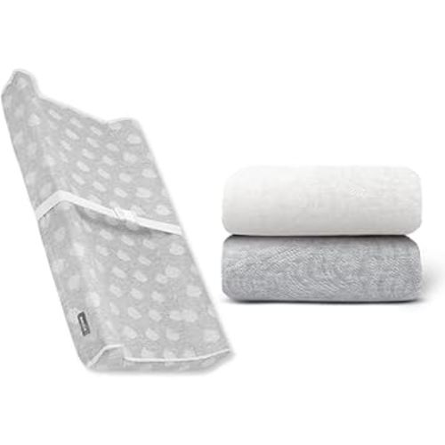 Contoured Changing Pad w/Cover (Gray, Cloud) + Replacement Covers - 2 pk (Off White & Gray, Wave)