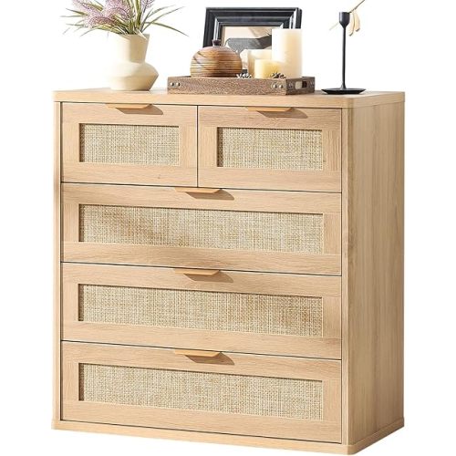LEYAOYAO Rattan Dresser for Bedroom, 33.5" Tall Chest of Drawers, Modern 5 Drawers Boho Dressers with Storage, Light Oak Dresser Wooden Closet Organizer for Living Room, Hallway, Natural Wood