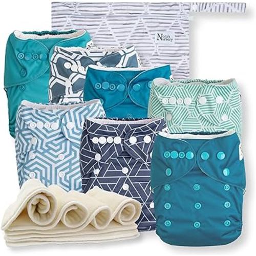 Nora's Nursery Cloth Diapers 7 Pack with 7 Inserts & 1 Wet Bag - Waterproof Cover,Washable, Reusable & One Size Adjustable Pocket Diapers for Newborns and Toddlers-Dimensional Blues