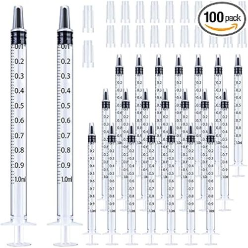 100 Pack 1ml Syringe with Cap for Liquid, 1cc Plastic Small Syringes with Cover, Non-Sterile, No Needle